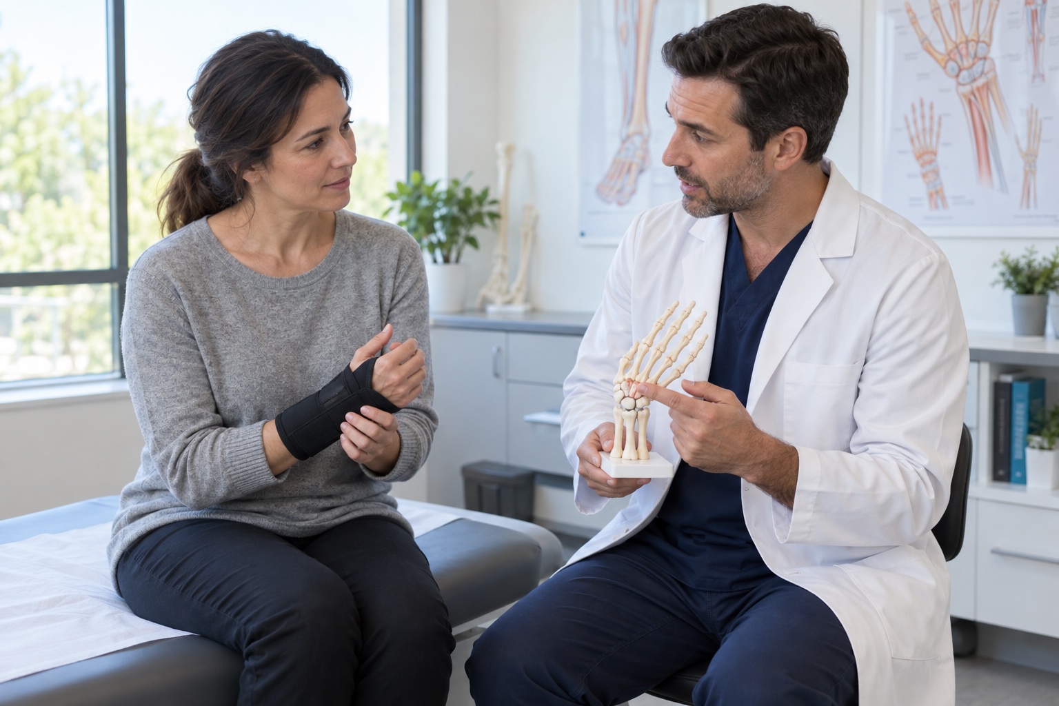Patient consulting with a clinician about wrist and hand pain