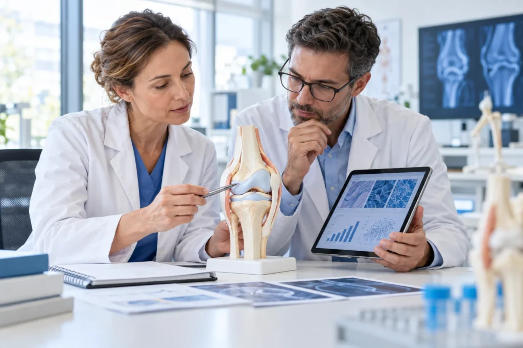 Medical researchers reviewing cartilage research with a knee model