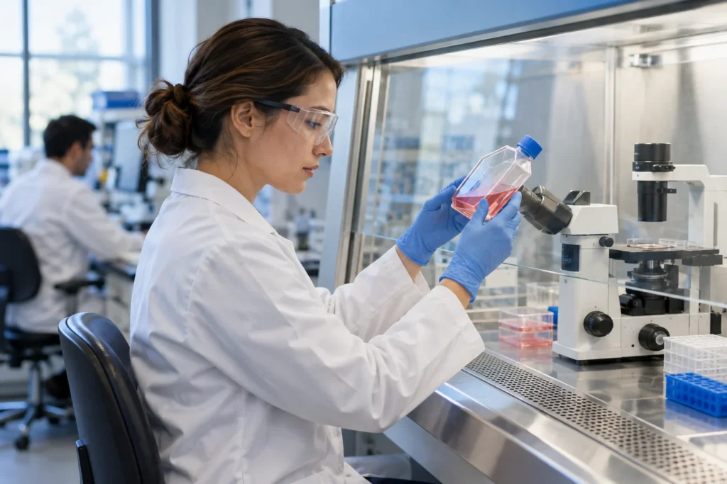 Laboratory scientist examining a cell culture flask at a research workstation