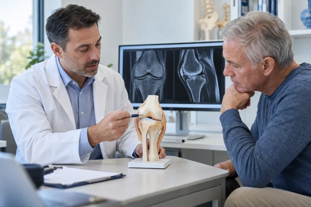 Physician and patient discussing knee anatomy and joint research