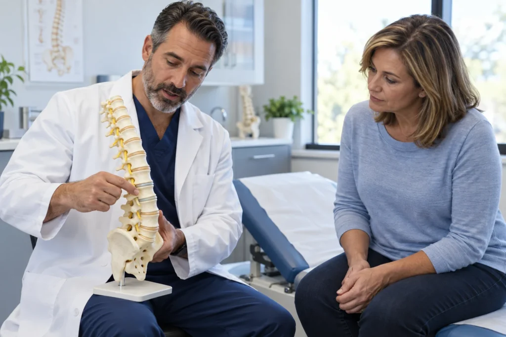 Spine specialist discussing lumbar disc anatomy with a patient