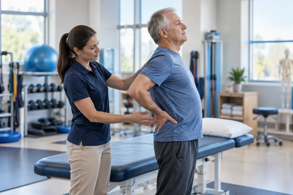 Physical therapist assessing an older adult patient's back posture