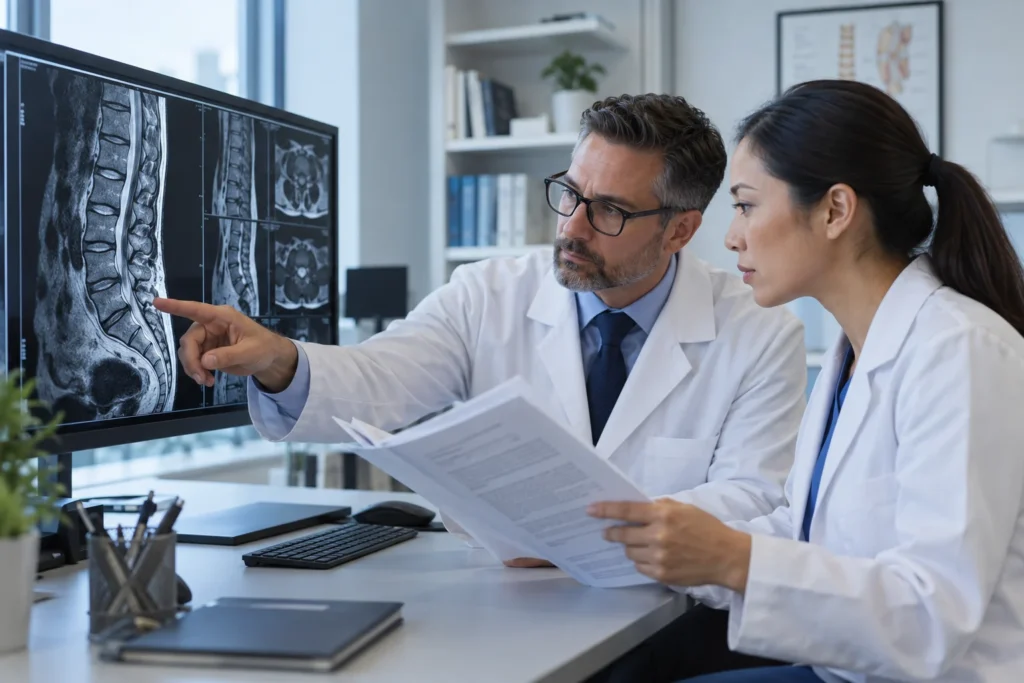 Medical researchers reviewing lumbar spine images and study findings