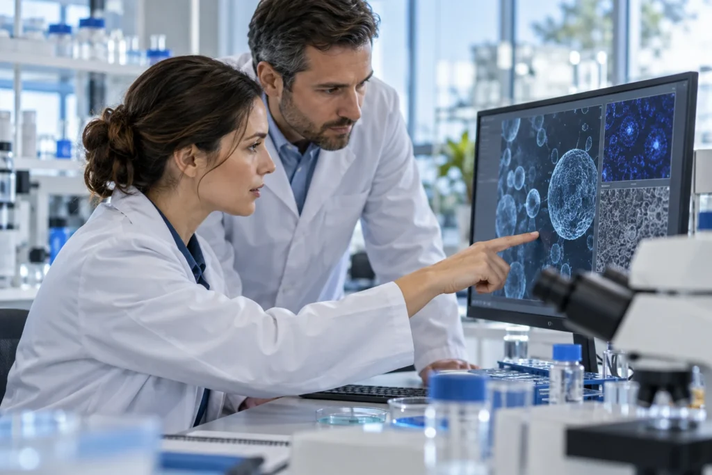 Researchers examining cell and extracellular vesicle imagery