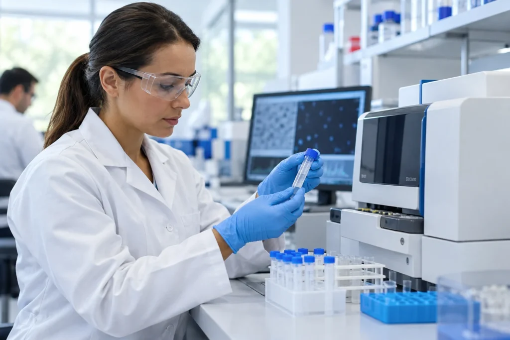 Laboratory scientist preparing samples for product quality analysis