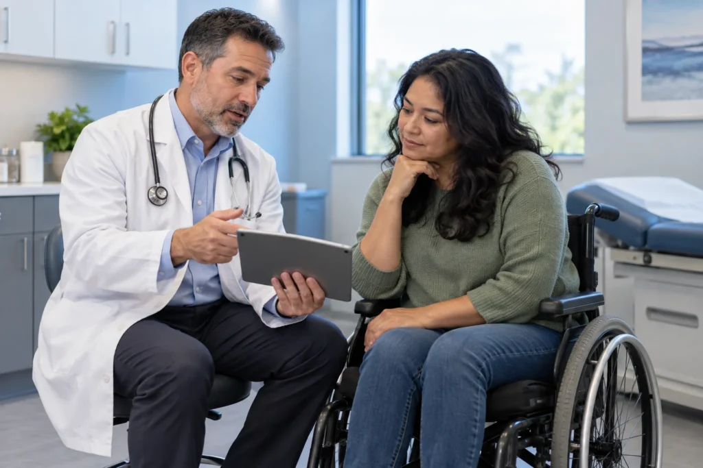 Neurologist discussing research with an adult wheelchair user