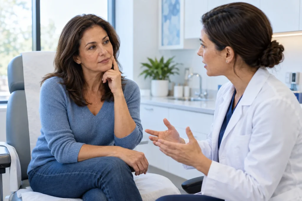 Dermatology clinician consulting with a woman about facial aging