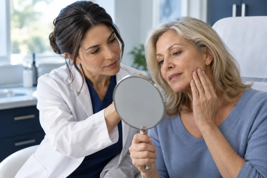 Clinician and patient discussing facial skin quality using a mirror