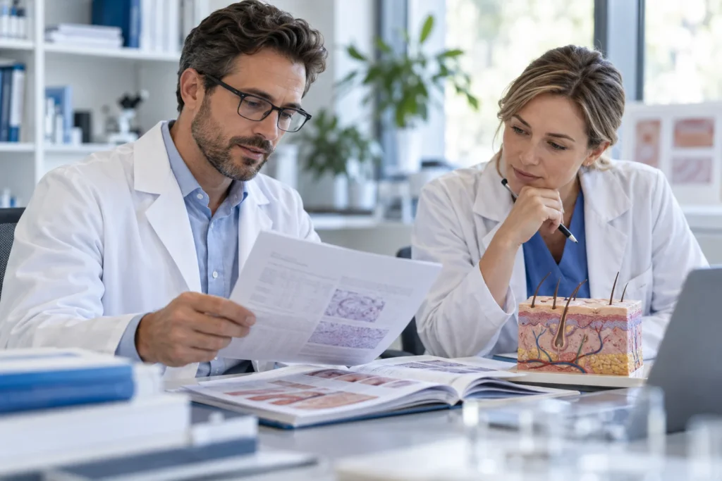 Clinicians reviewing facial tissue research with a skin model